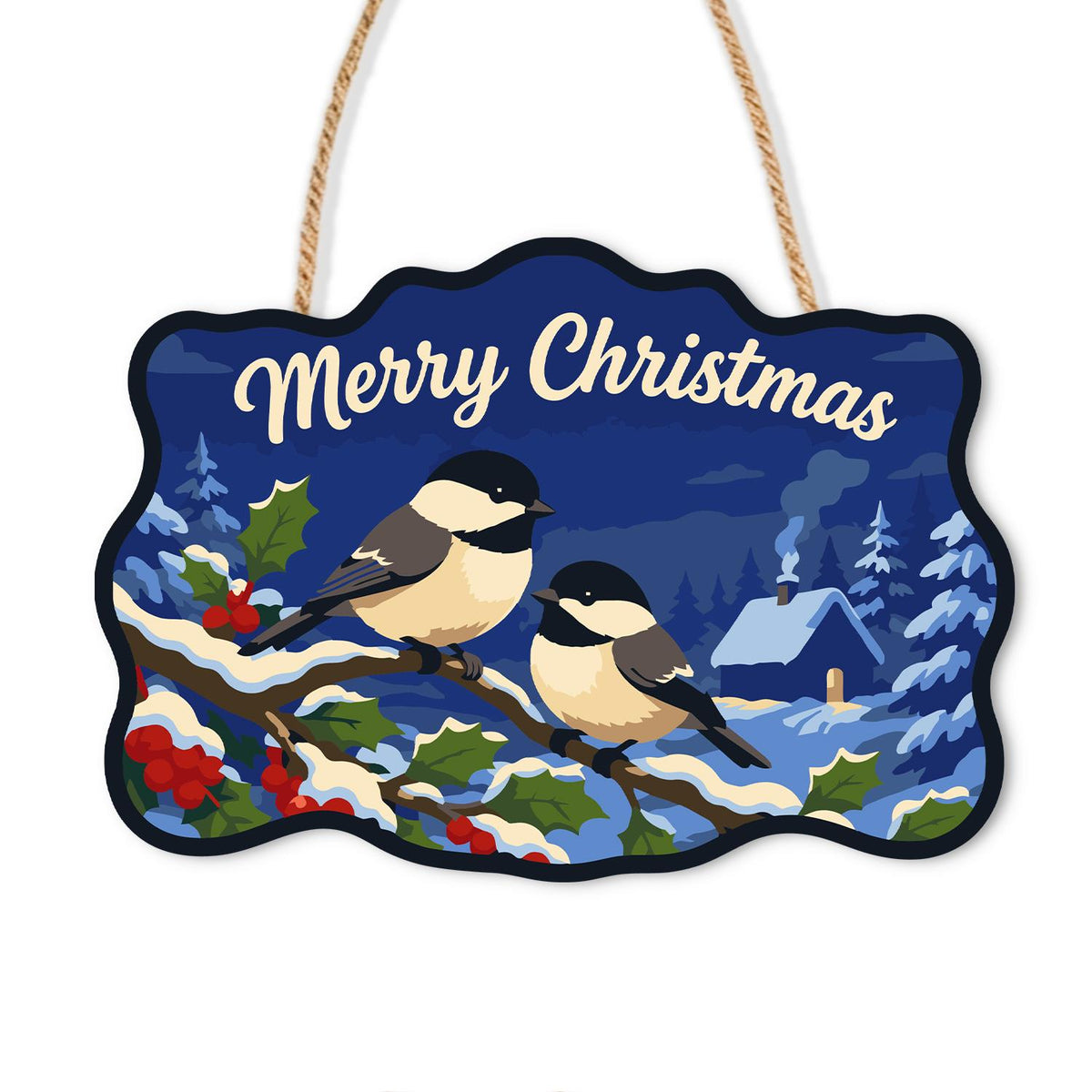 Chickadee Pair by a Snowy Cabin paint by numbers hanging sign – Two chickadees on a snowy holly branch by a smoking cabin at night, Merry Christmas lettering, on a wooden sign with a rope hanger