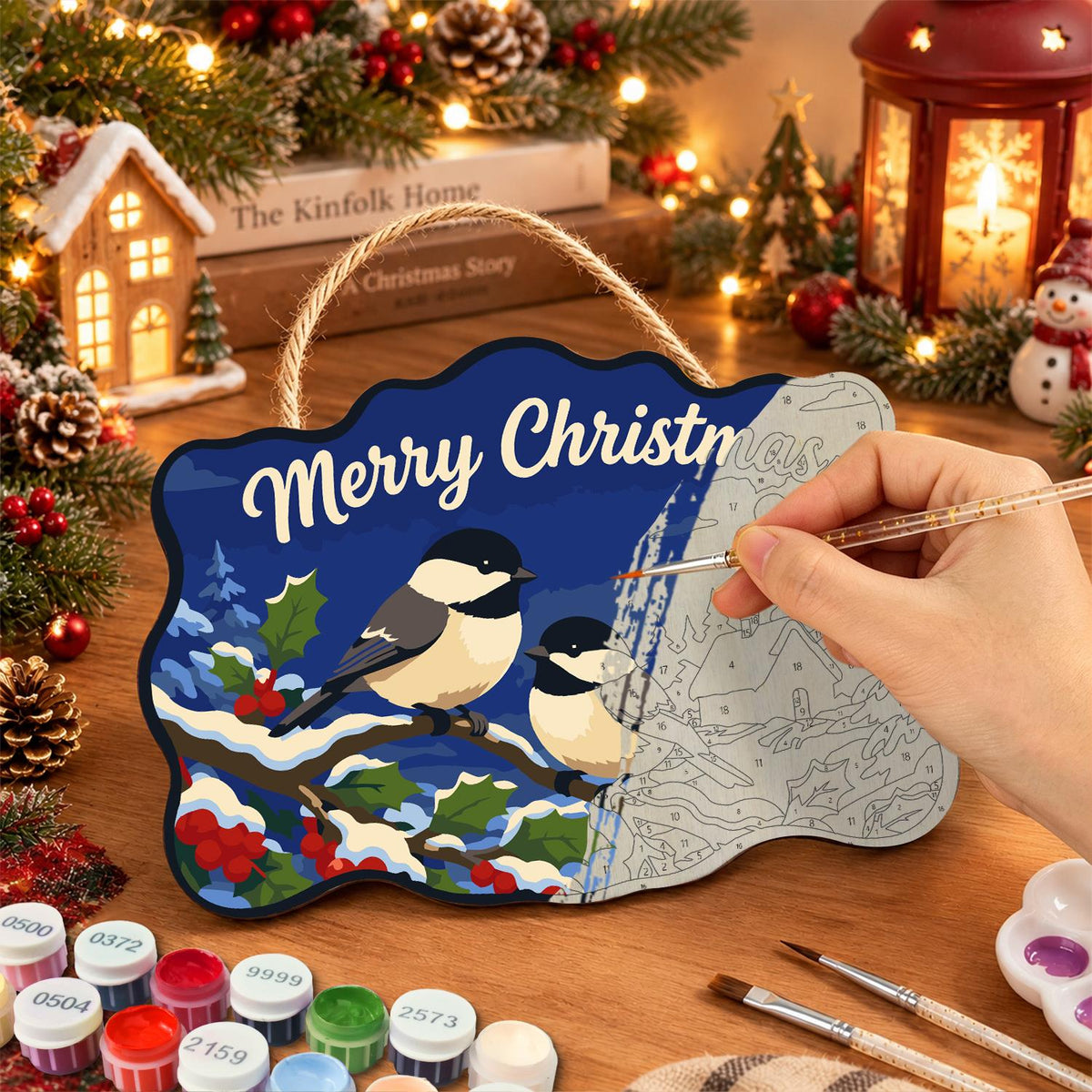 Chickadee Pair by a Snowy Cabin paint by numbers hanging sign – image 7
