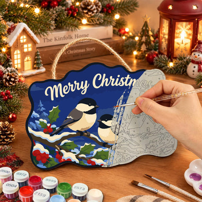 Chickadee Pair by a Snowy Cabin paint by numbers hanging sign – image 7