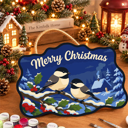 Chickadee Pair by a Snowy Cabin paint by numbers hanging sign – image 8