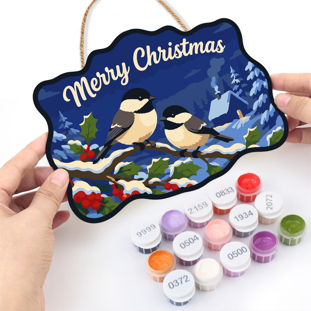 Chickadee Pair by a Snowy Cabin paint by numbers hanging sign – image 9