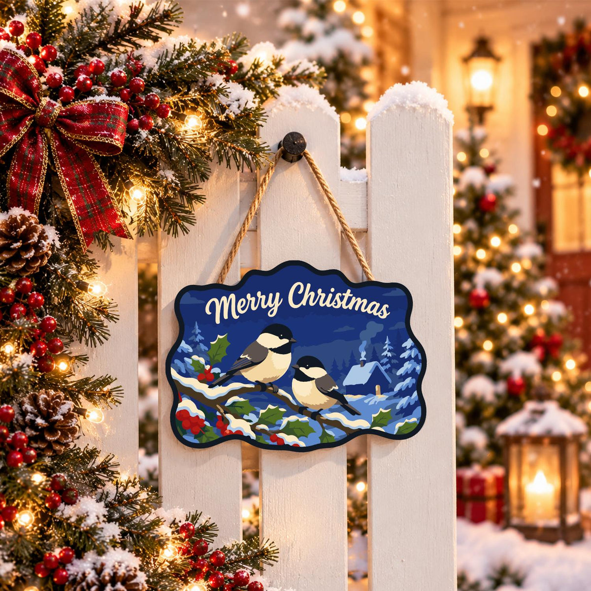 Chickadee Pair by a Snowy Cabin paint by numbers hanging sign – image 15