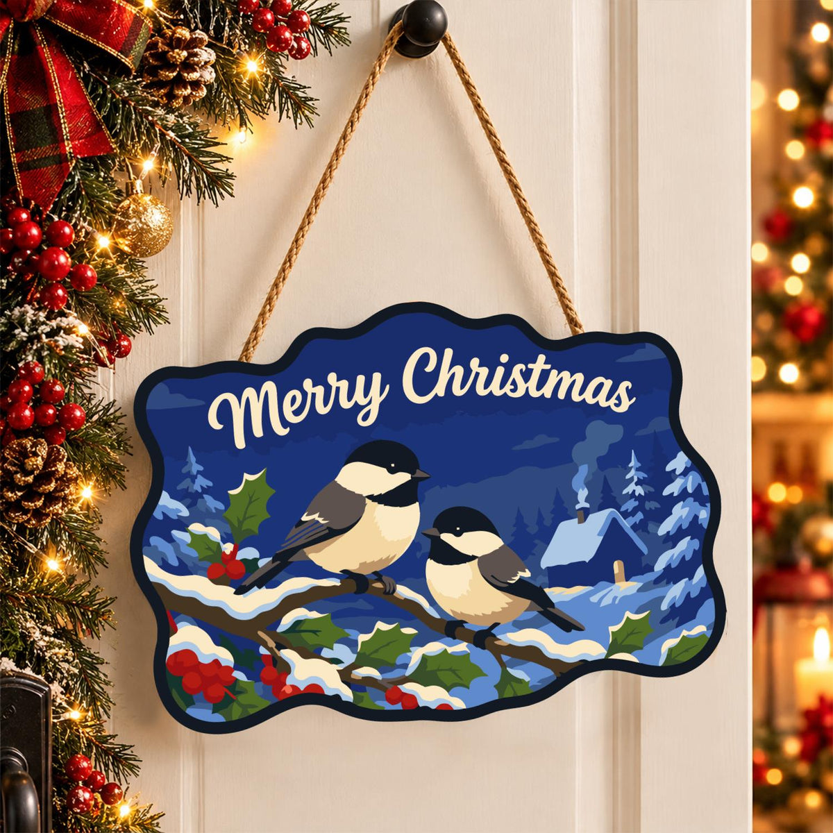 Chickadee Pair by a Snowy Cabin paint by numbers hanging sign – image 16