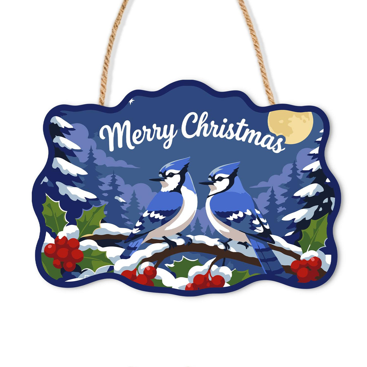 Blue Jay Pair on Berry Branch paint by numbers hanging sign – Two blue jays on a snowy berry branch under a moon, Merry Christmas lettering on navy, on a wooden sign with a rope hanger