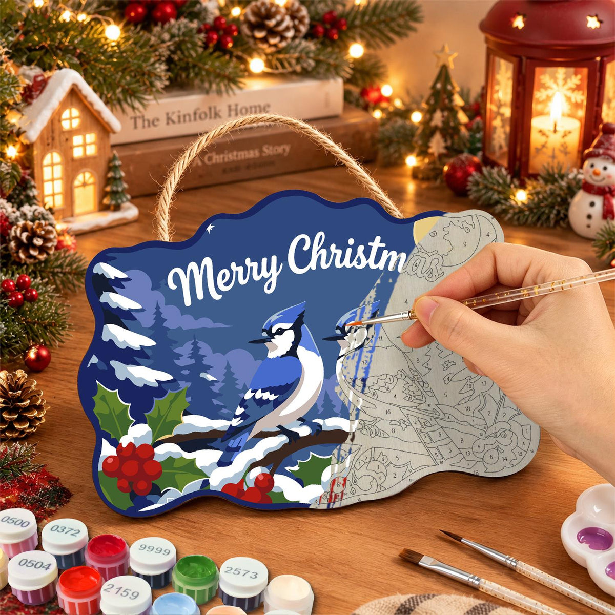 Blue Jay Pair on Berry Branch paint by numbers hanging sign – image 7