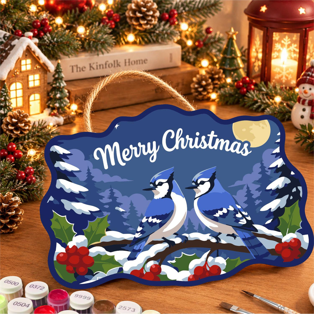 Blue Jay Pair on Berry Branch paint by numbers hanging sign – image 8