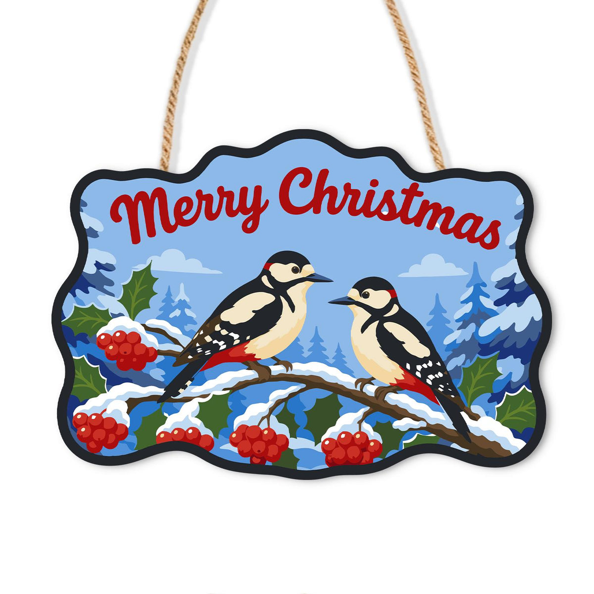 Spotted Woodpeckers and Berries paint by numbers hanging sign – Two spotted woodpeckers on a snowy branch with red berries and pines, red Merry Christmas lettering, on a wooden sign with a rope hanger