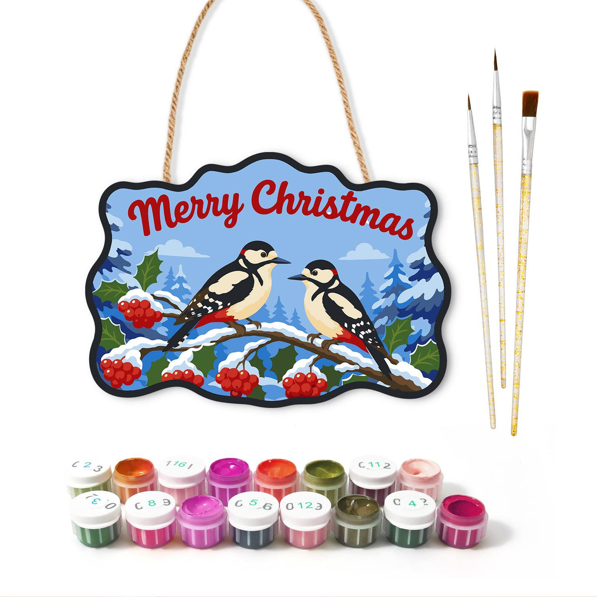 Spotted Woodpeckers and Berries paint by numbers hanging sign – image 2