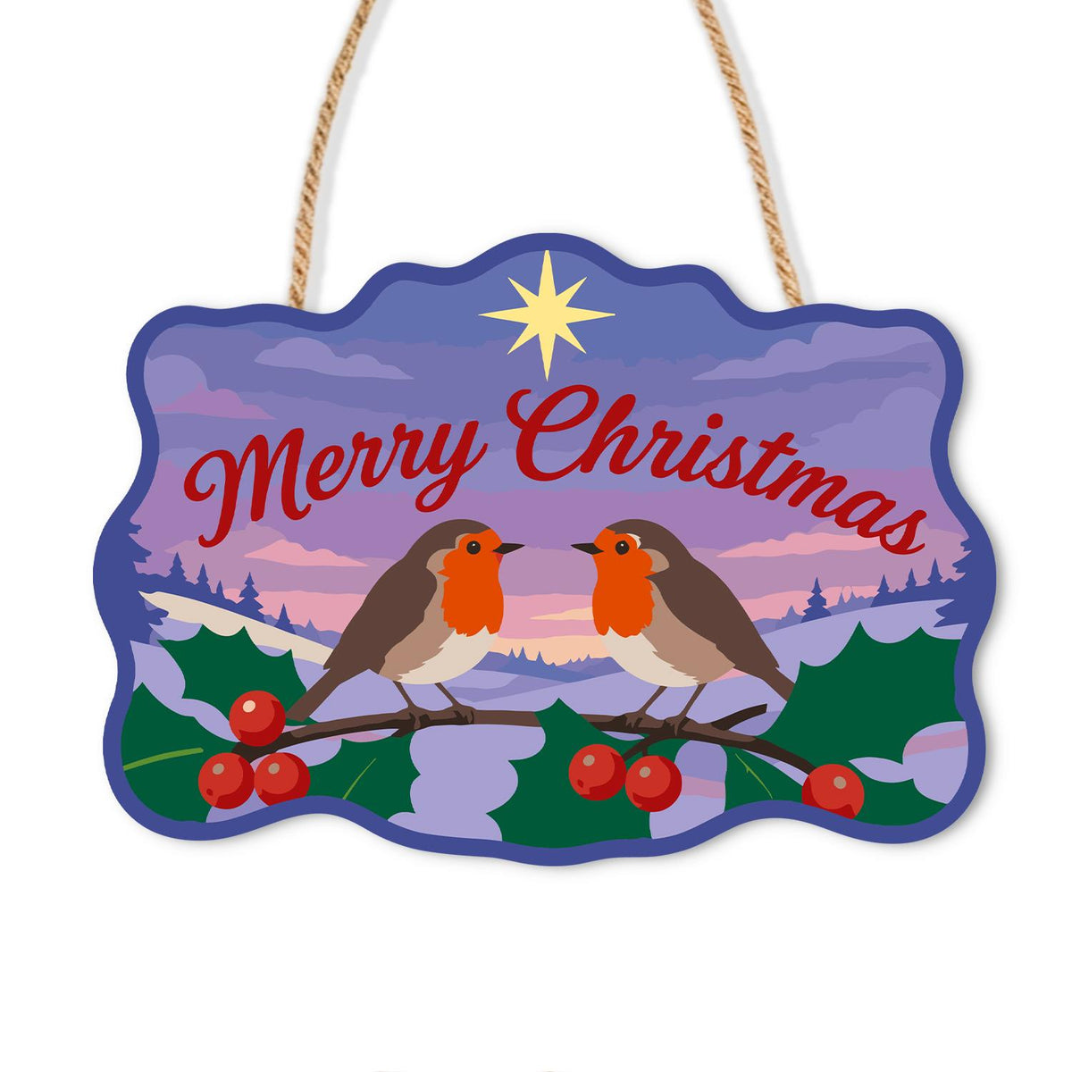 Twilight Robins Under a Star paint by numbers hanging sign – Two robins on a holly branch under a gold star at lavender twilight, Merry Christmas lettering, on a wooden sign with a rope hanger