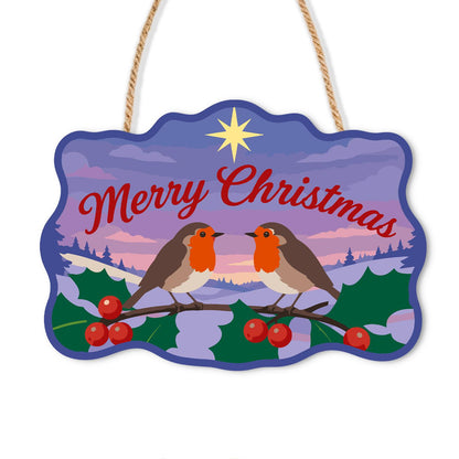 Twilight Robins Under a Star paint by numbers hanging sign – Two robins on a holly branch under a gold star at lavender twilight, Merry Christmas lettering, on a wooden sign with a rope hanger
