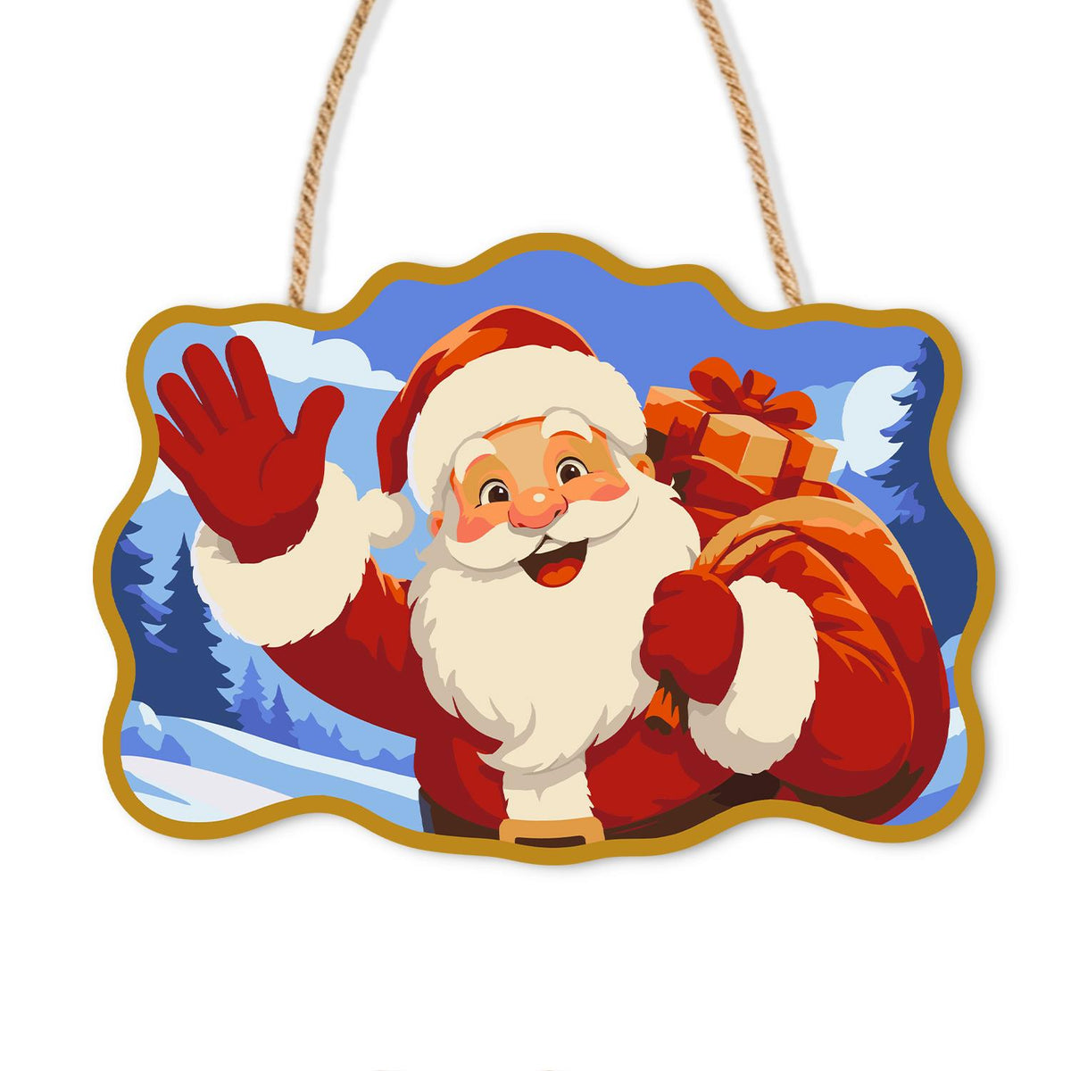 Gold-Framed Waving Santa paint by numbers hanging sign – Santa waving with a red sack of gifts in a snowy pine forest, framed in gold, on a wooden sign with a rope hanger