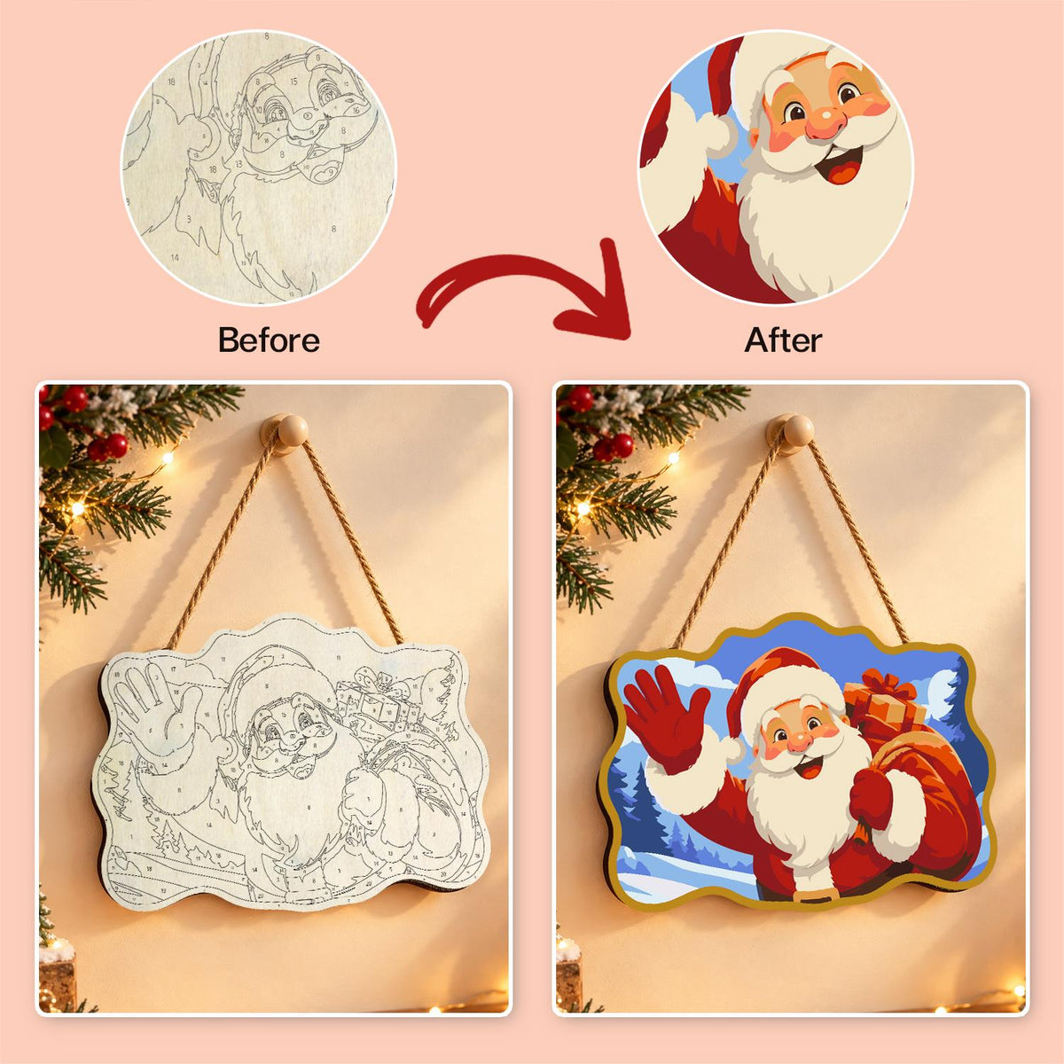 Gold-Framed Waving Santa paint by numbers hanging sign – image 10