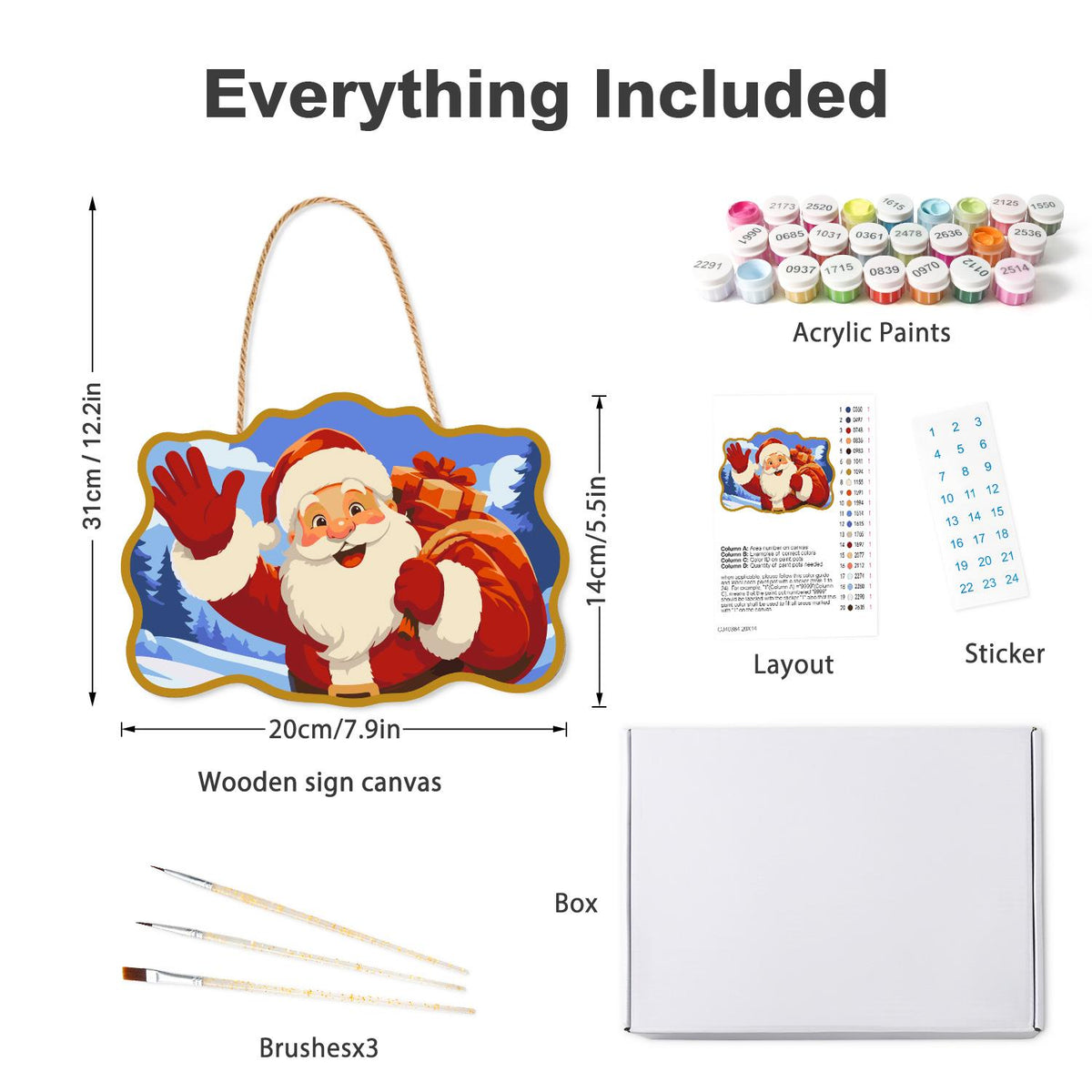 Gold-Framed Waving Santa paint by numbers hanging sign – what's in the kit: the wooden sign, rope hanger, numbered paints and brushes