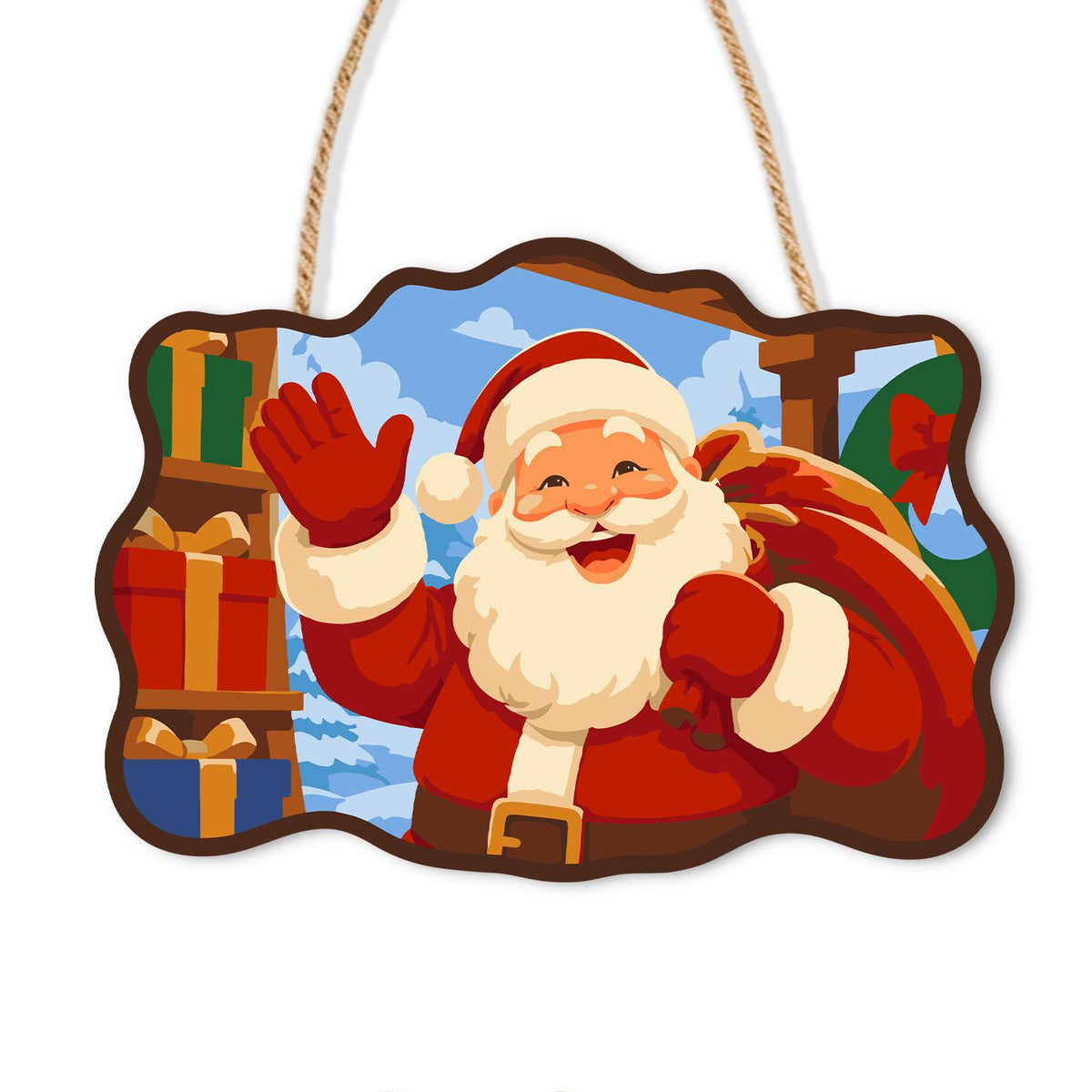 Stacked Presents Santa Hello paint by numbers hanging sign – Santa waving with a red gift sack beside stacked presents, framed by wooden beams and snow, on a wooden sign with a rope hanger
