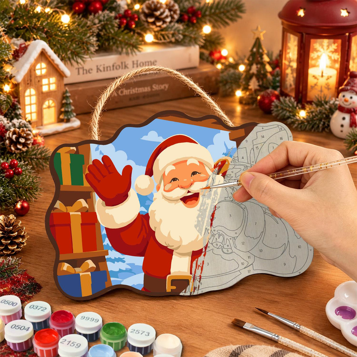 Stacked Presents Santa Hello paint by numbers hanging sign – image 7