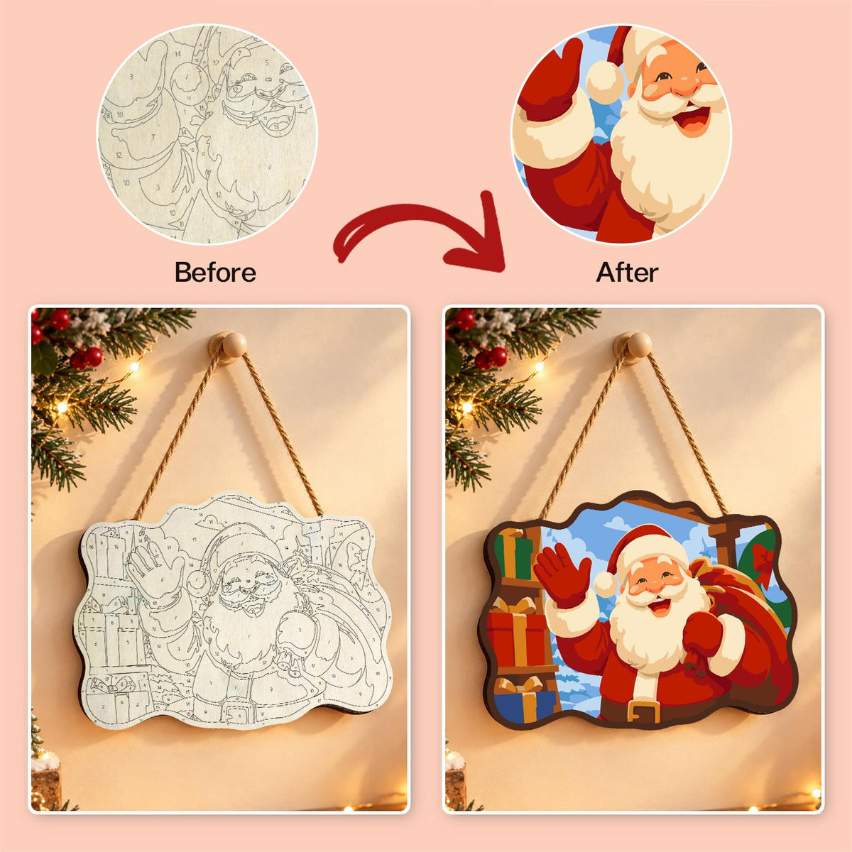 Stacked Presents Santa Hello paint by numbers hanging sign – image 10