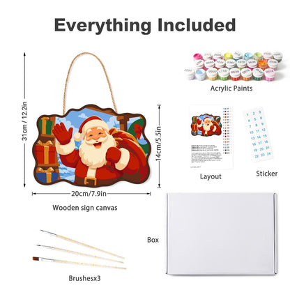 Stacked Presents Santa Hello paint by numbers hanging sign – what's in the kit: the wooden sign, rope hanger, numbered paints and brushes