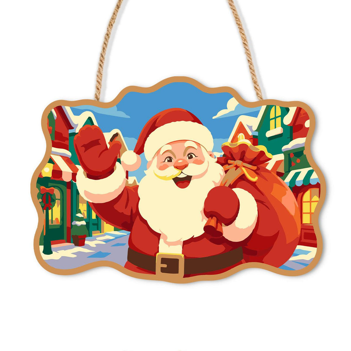Bright Village Street Santa paint by numbers hanging sign – Santa waving with a red sack in a bright snowy village street lined with shopfronts, on a wooden sign with a rope hanger