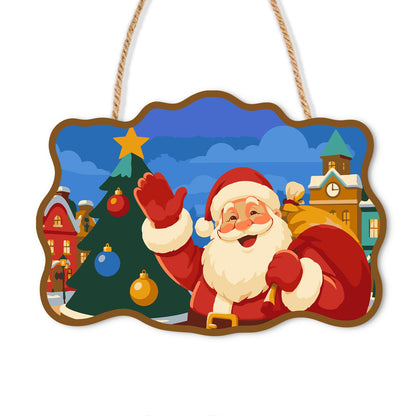 Clock Tower Santa and Tree paint by numbers hanging sign – Santa waving with a red sack beside a decorated tree with a star, village clock tower behind, on a wooden sign with a rope hanger