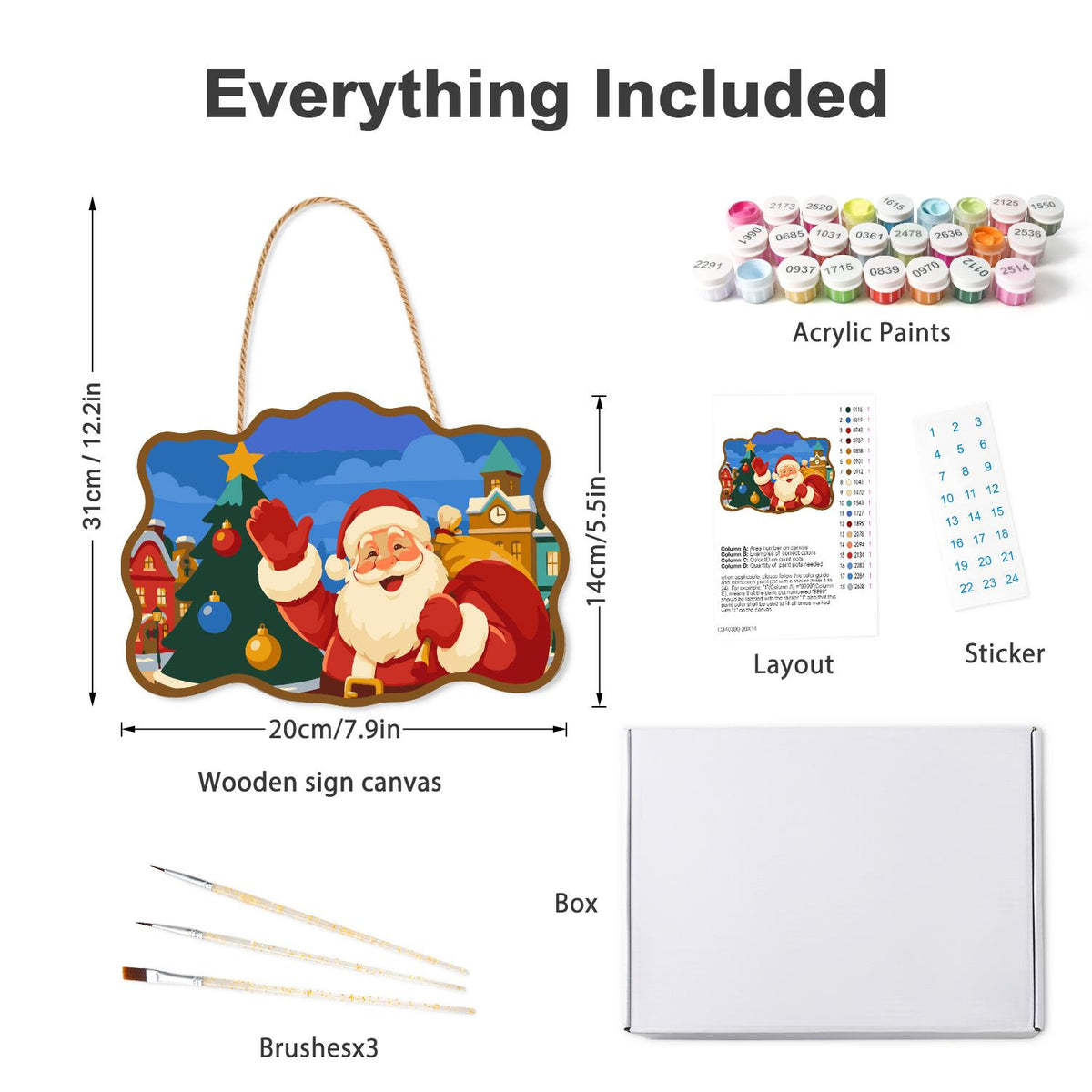 Clock Tower Santa and Tree paint by numbers hanging sign – what's in the kit: the wooden sign, rope hanger, numbered paints and brushes