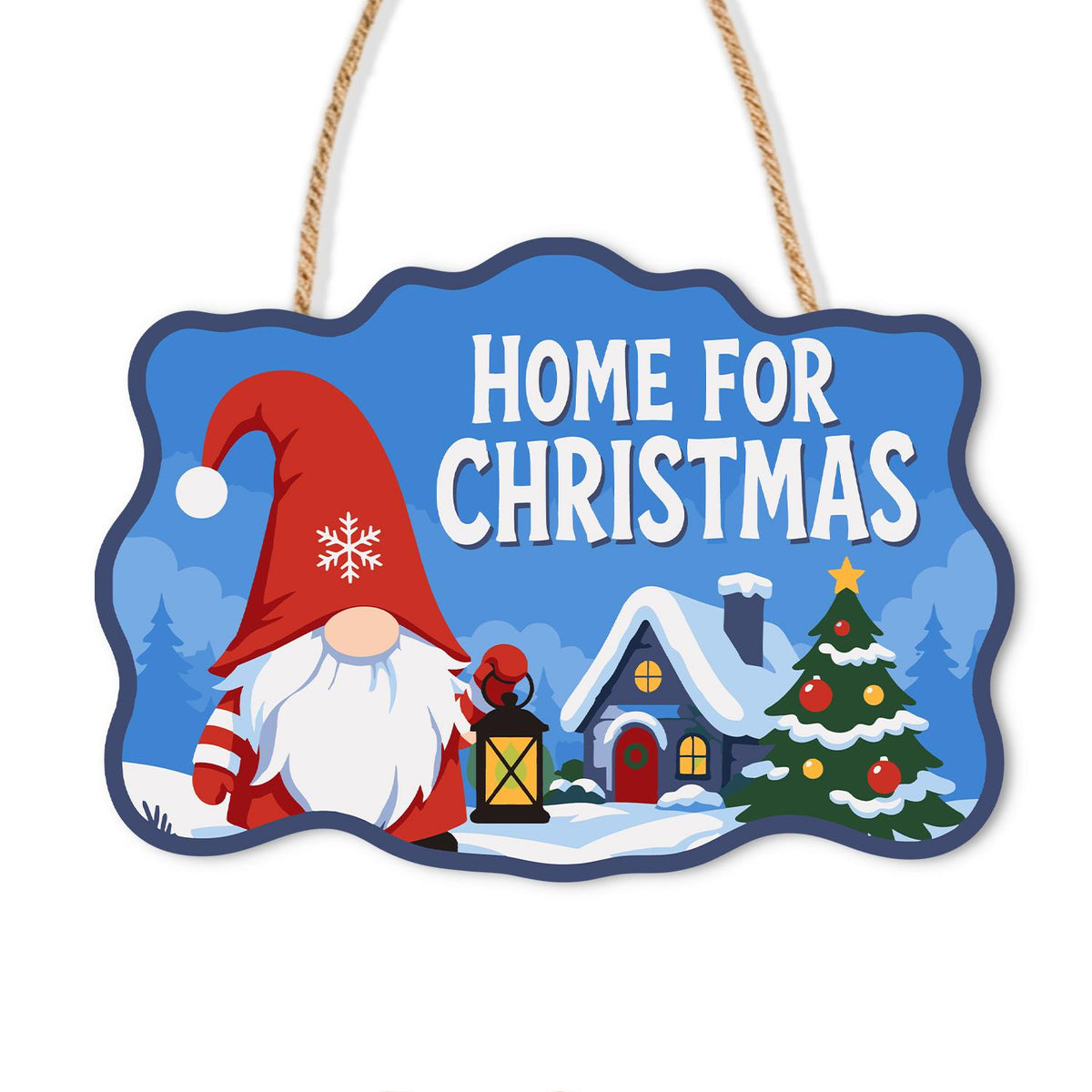 Lantern Gnome Cottage Homecoming paint by numbers hanging sign – Gnome with a lantern beside a snowy cottage and decorated tree, Home for Christmas lettering, on a wooden sign with a rope hanger