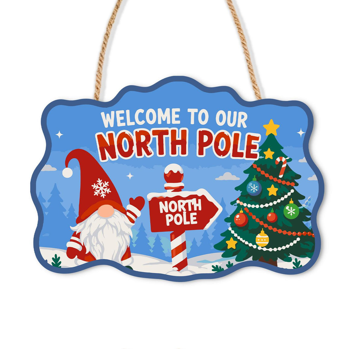 Gnome at the North Pole Post paint by numbers hanging sign – Gnome beside a candy-striped North Pole post and a decorated tree, Welcome to Our North Pole, on a wooden sign with a rope hanger