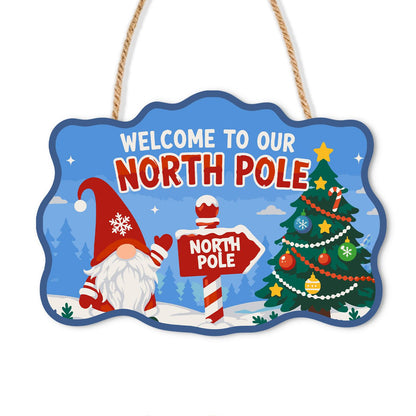 Gnome at the North Pole Post paint by numbers hanging sign – Gnome beside a candy-striped North Pole post and a decorated tree, Welcome to Our North Pole, on a wooden sign with a rope hanger