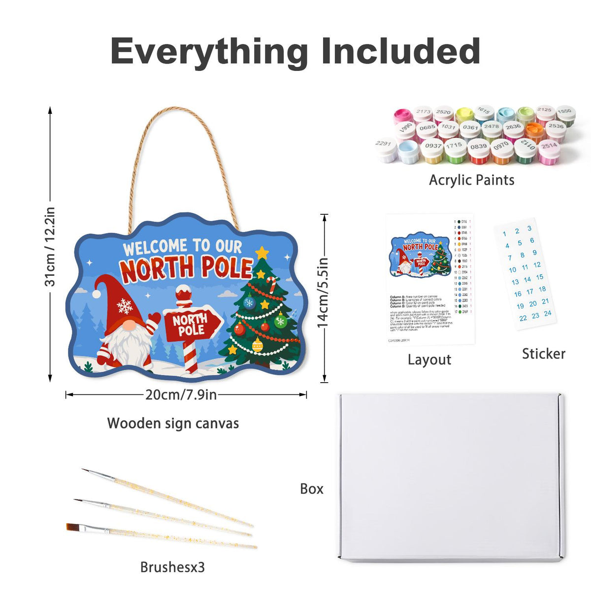 Gnome at the North Pole Post paint by numbers hanging sign – what's in the kit: the wooden sign, rope hanger, numbered paints and brushes