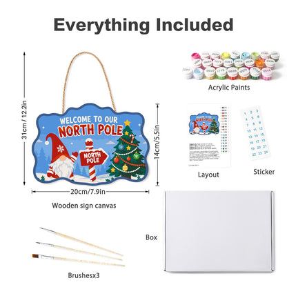 Gnome at the North Pole Post paint by numbers hanging sign – what's in the kit: the wooden sign, rope hanger, numbered paints and brushes