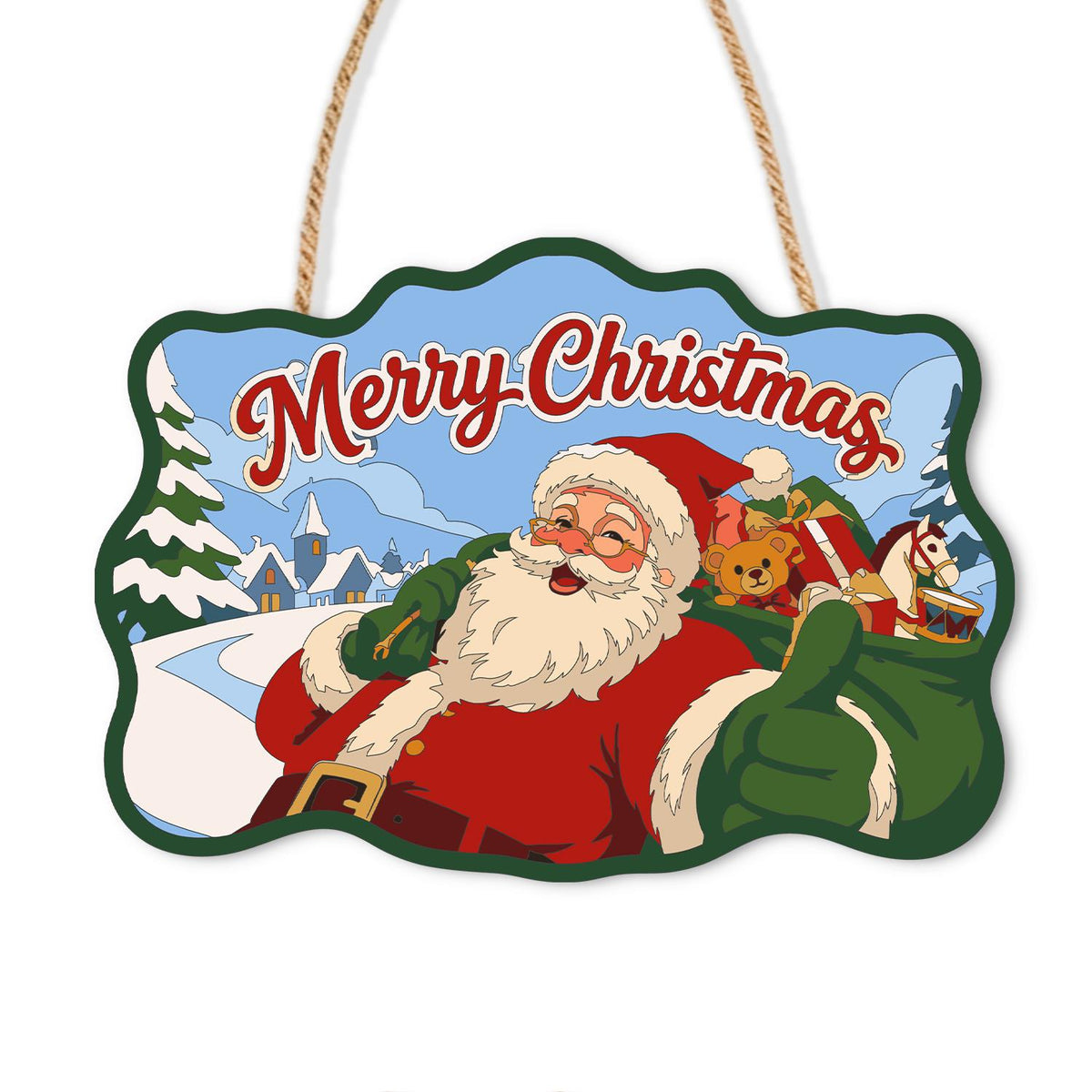 Toy Sack Santa Village Road paint by numbers hanging sign – Santa with a green sack of toys including a teddy and rocking horse on a snowy village road, on a wooden sign with a rope hanger