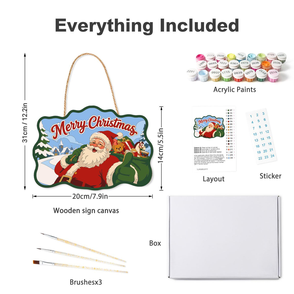 Toy Sack Santa Village Road paint by numbers hanging sign – what's in the kit: the wooden sign, rope hanger, numbered paints and brushes