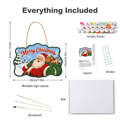 Toy Sack Santa Village Road paint by numbers hanging sign – what's in the kit: the wooden sign, rope hanger, numbered paints and brushes