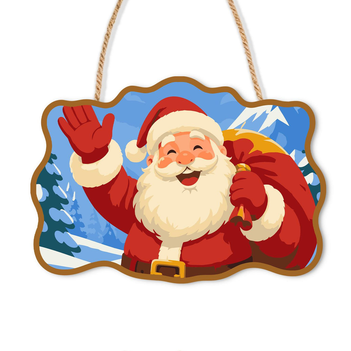 Waving Santa Mountain Hello paint by numbers hanging sign – Smiling Santa waving with a red gift sack over his shoulder, snowy mountains and pines, on a wooden sign with a rope hanger