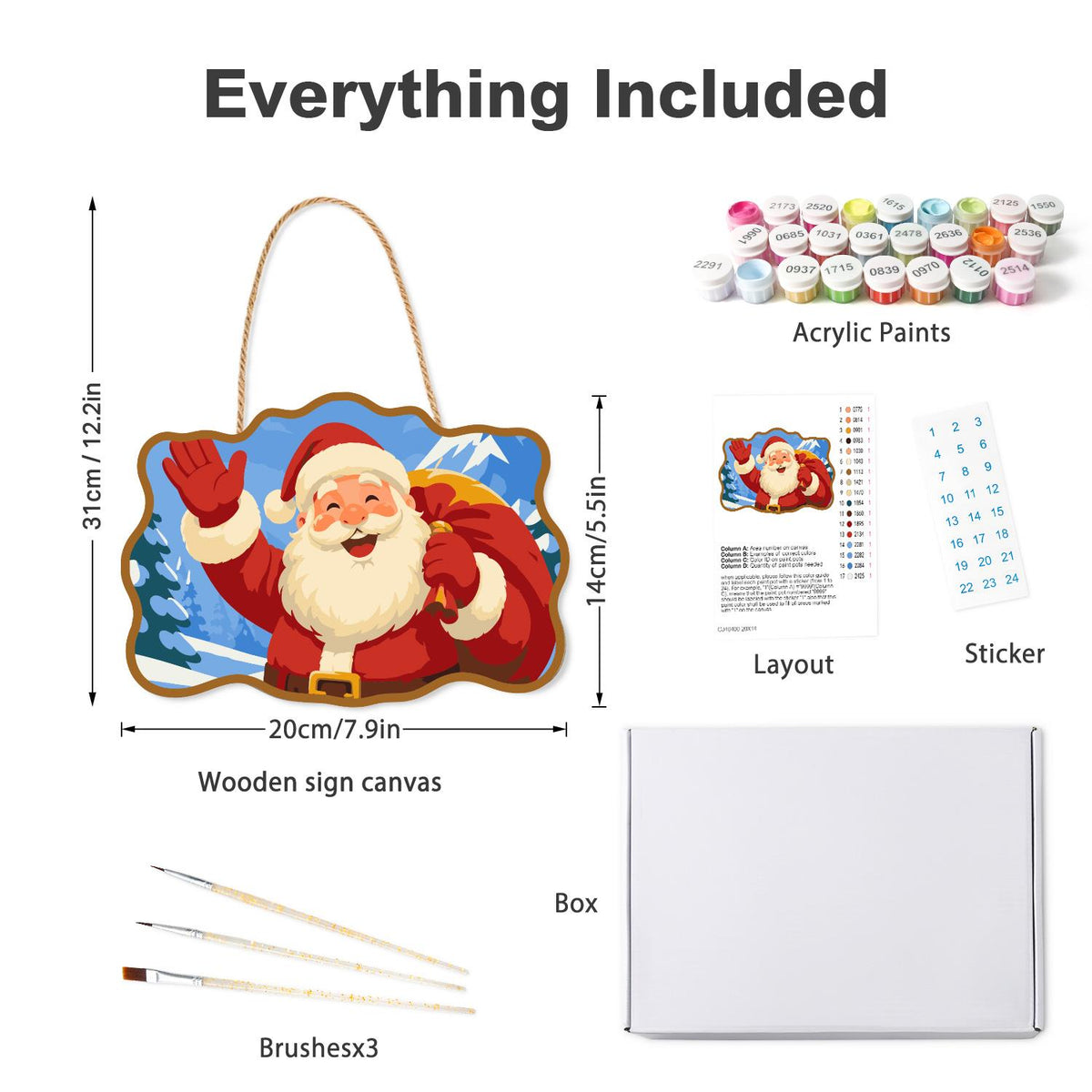 Waving Santa Mountain Hello paint by numbers hanging sign – what's in the kit: the wooden sign, rope hanger, numbered paints and brushes