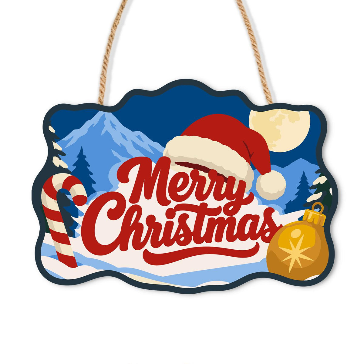 Moonlit Candy Cane Christmas paint by numbers hanging sign – Merry Christmas lettering in a Santa hat with a candy cane and gold ornament, snowy peaks and moon, on a wooden sign with a rope hanger