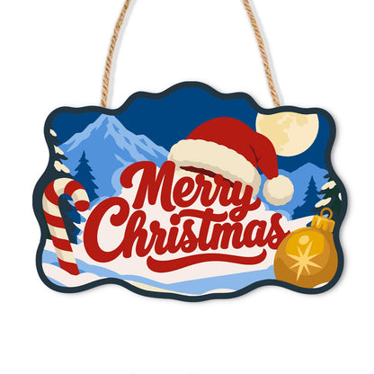 Moonlit Candy Cane Christmas paint by numbers hanging sign – Merry Christmas lettering in a Santa hat with a candy cane and gold ornament, snowy peaks and moon, on a wooden sign with a rope hanger