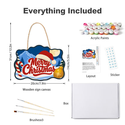 Moonlit Candy Cane Christmas paint by numbers hanging sign – what's in the kit: the wooden sign, rope hanger, numbered paints and brushes