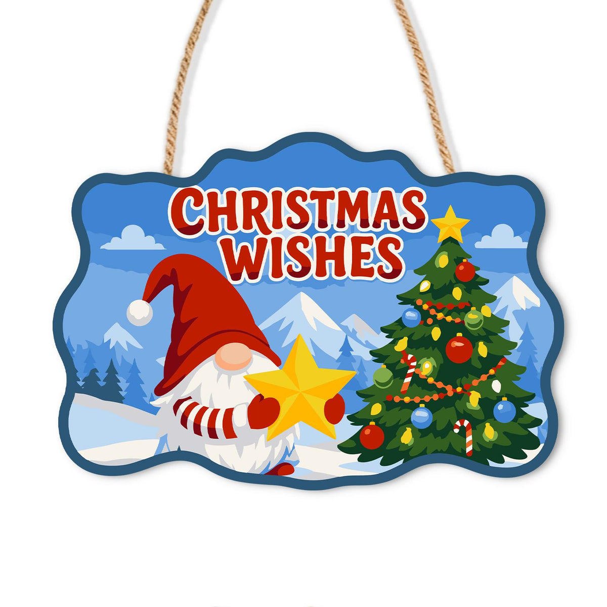 Star-Holding Gnome Wishes paint by numbers hanging sign – Gnome holding a gold star beside a decorated tree with snowy mountains, Christmas Wishes lettering, on a wooden sign with a rope hanger