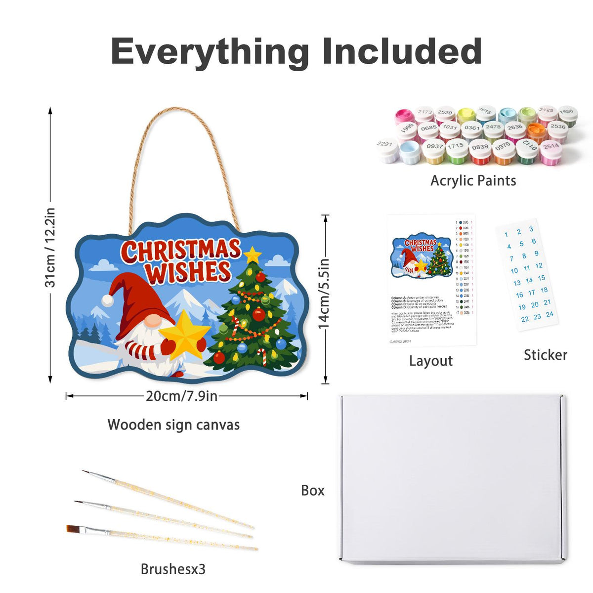 Star-Holding Gnome Wishes paint by numbers hanging sign – what's in the kit: the wooden sign, rope hanger, numbered paints and brushes