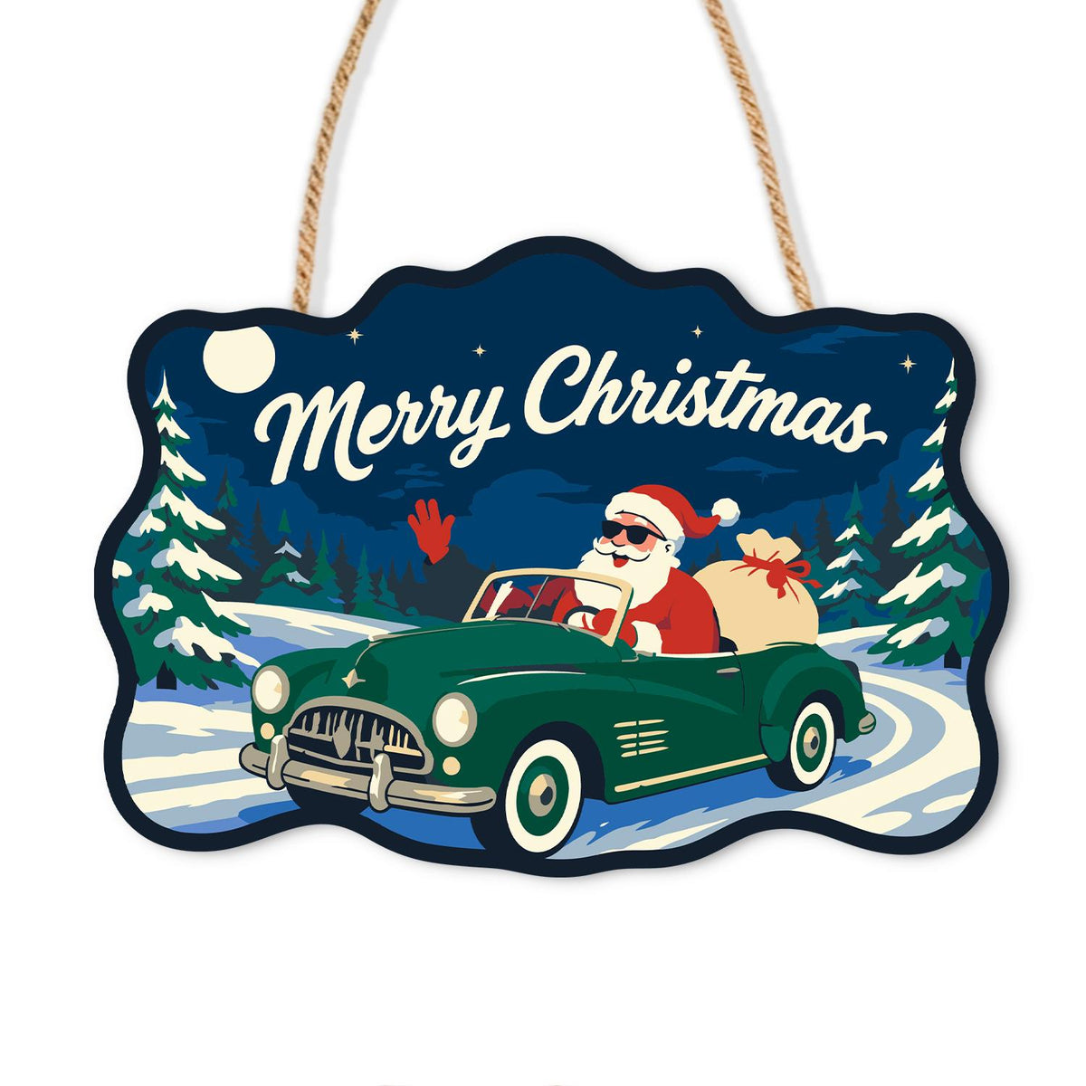 Convertible Santa Forest Cruise paint by numbers hanging sign – Santa in sunglasses waving from a green vintage convertible with a gift sack, snowy pines and moon, on a wooden sign with a rope hanger