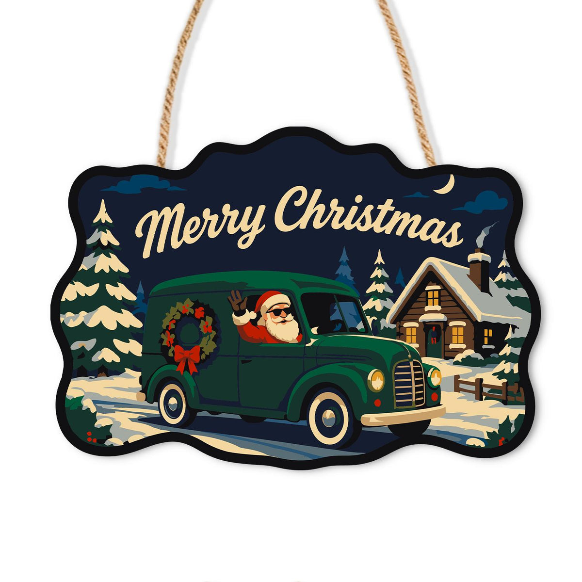 Wreath Van Santa Delivery paint by numbers hanging sign – Santa waving from a green vintage van with a wreath on its side, snowy cabin and pines, on a wooden sign with a rope hanger
