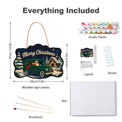 Wreath Van Santa Delivery paint by numbers hanging sign – what's in the kit: the wooden sign, rope hanger, numbered paints and brushes