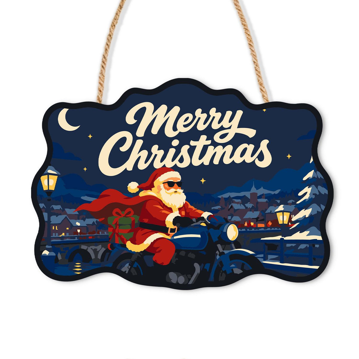 Cape-Flying Biker Santa paint by numbers hanging sign – Santa in sunglasses on a motorcycle with a red cape flying, lamplit town and crescent moon, on a wooden sign with a rope hanger
