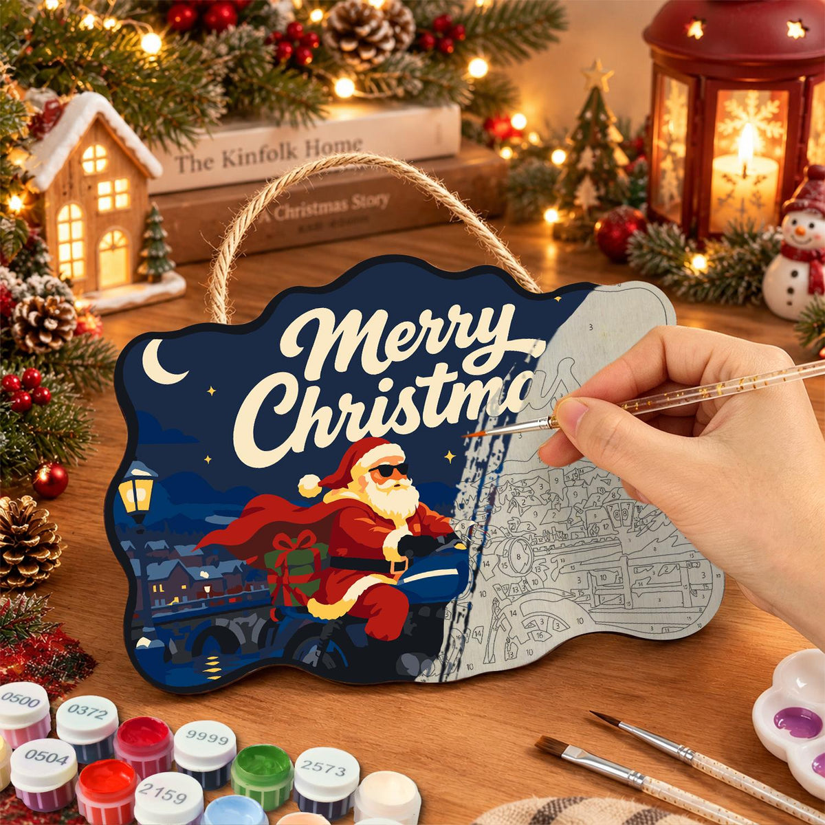 Cape-Flying Biker Santa paint by numbers hanging sign – image 7