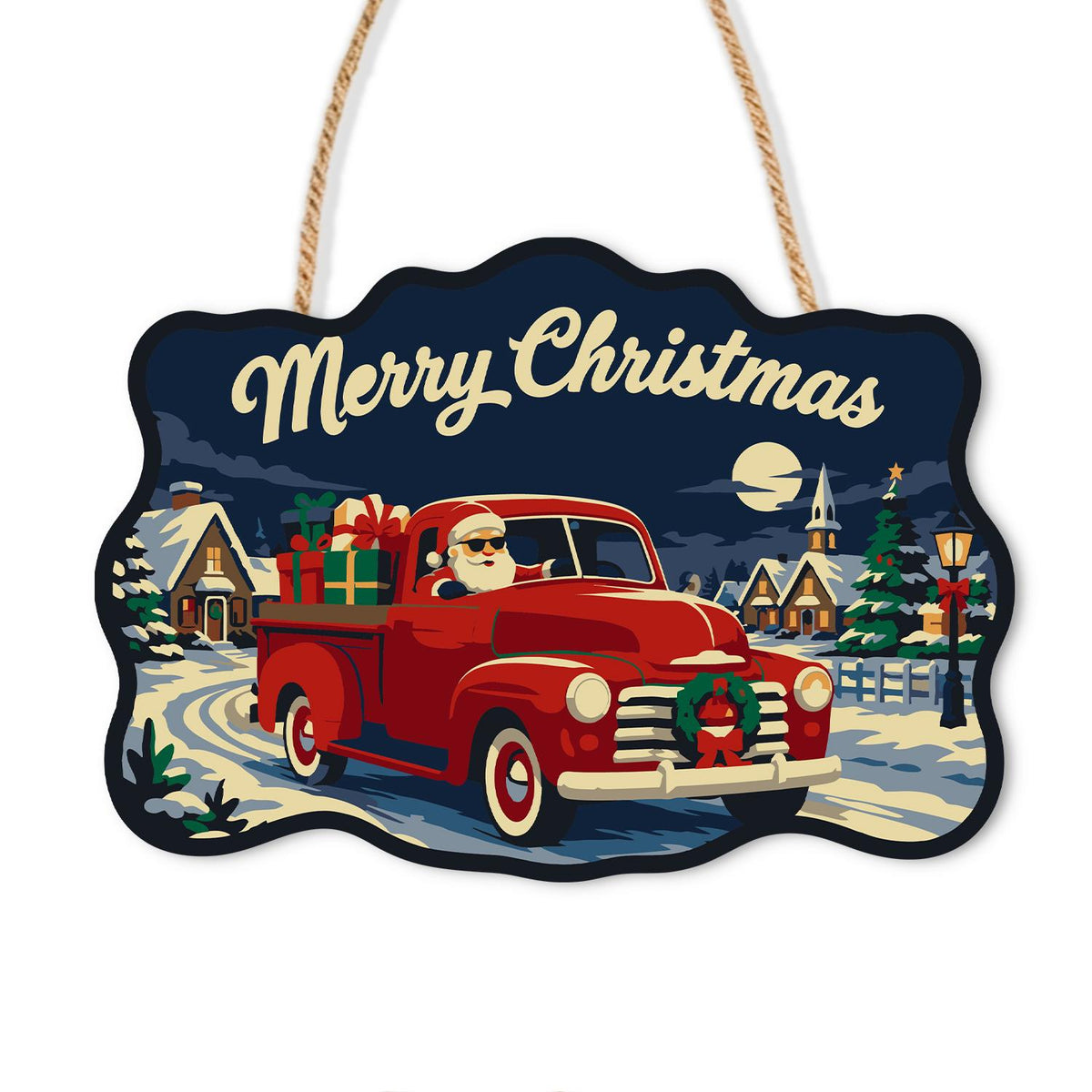 Red Pickup Santa Gift Run paint by numbers hanging sign – Santa driving a red vintage pickup with a wreath and gifts through a snowy village at night, on a wooden sign with a rope hanger