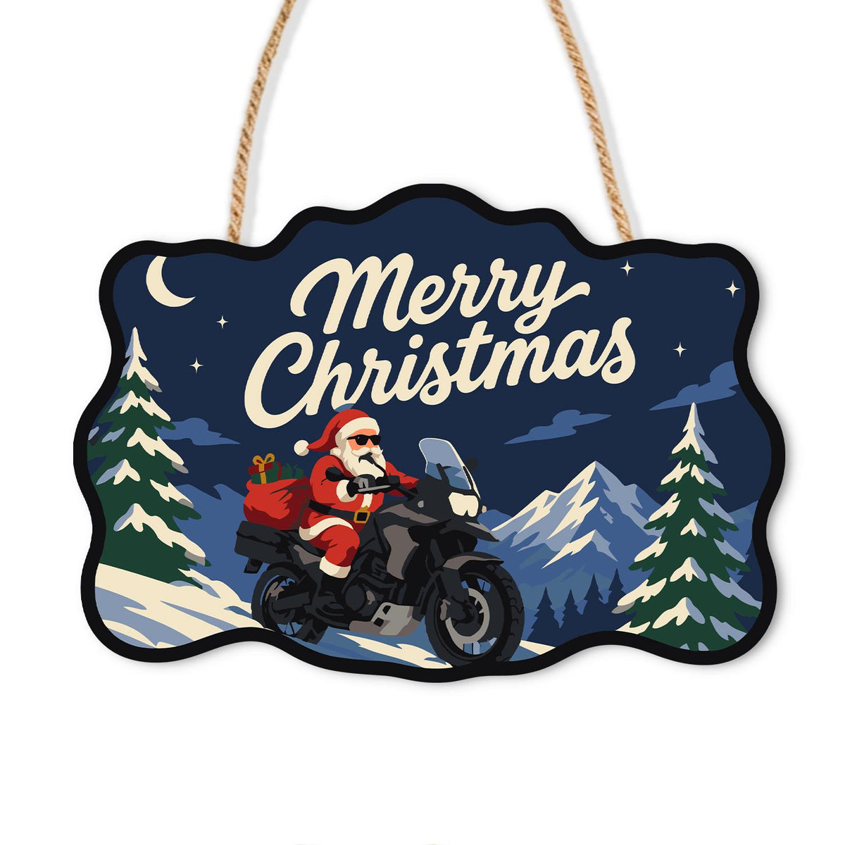 Adventure Bike Santa Peaks paint by numbers hanging sign – Santa in sunglasses on an adventure motorcycle among snowy peaks and pines, Merry Christmas lettering, on a wooden sign with a rope hanger