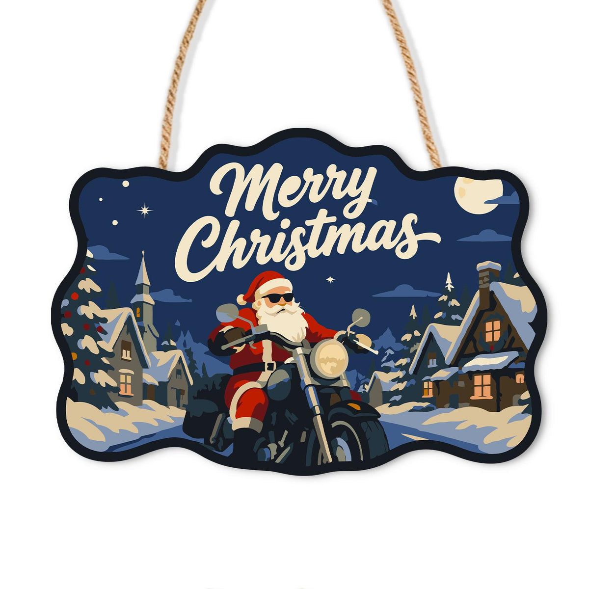Sunglasses Santa Chopper Ride paint by numbers hanging sign – Santa in sunglasses riding a chopper head-on through a snowy village with a church, Merry Christmas, on a wooden sign with a rope hanger