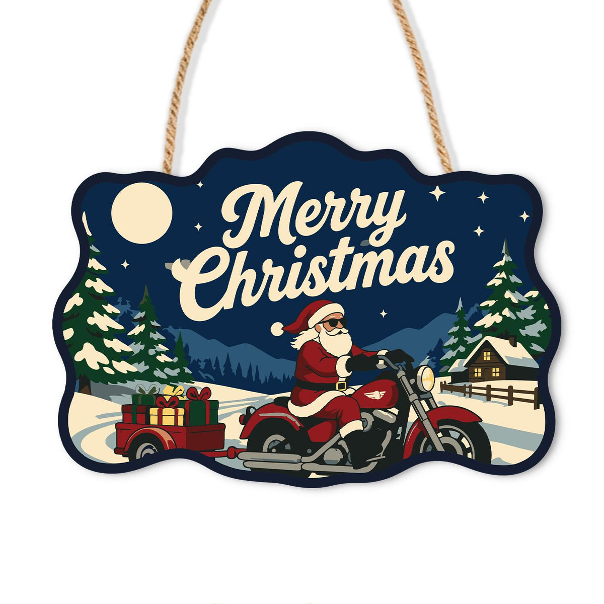 Gift Trailer Biker Santa paint by numbers hanging sign – Santa on a red motorcycle towing a small trailer of gifts across snow under a full moon, on a wooden sign with a rope hanger