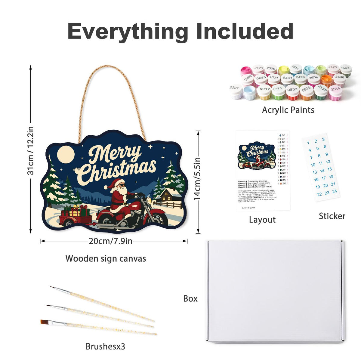 Gift Trailer Biker Santa paint by numbers hanging sign – what's in the kit: the wooden sign, rope hanger, numbered paints and brushes