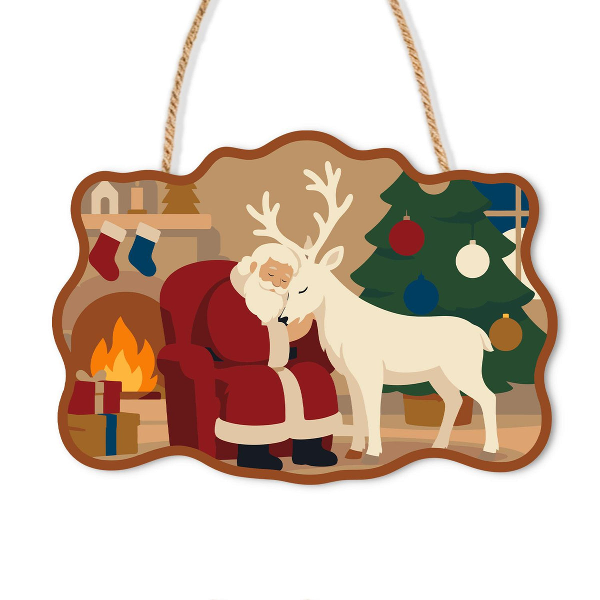 Hearthside Reindeer Cuddle paint by numbers hanging sign – Santa resting in an armchair with a white reindeer by a fireplace with stockings and a tree, on a wooden sign with a rope hanger